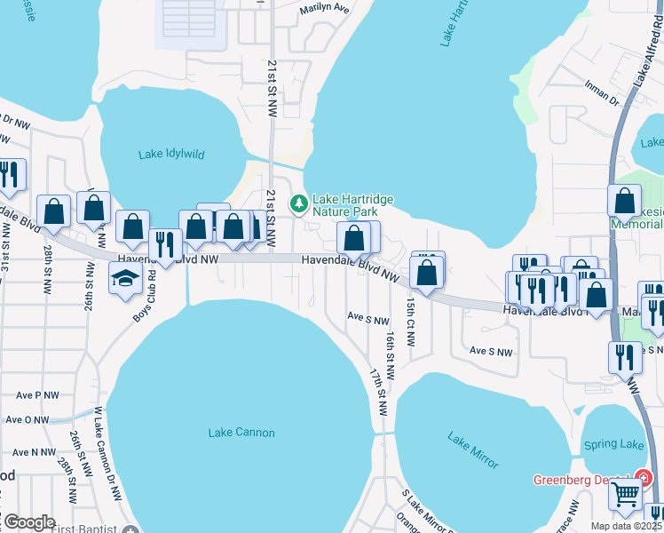 map of restaurants, bars, coffee shops, grocery stores, and more near 1890 Havendale Boulevard Northwest in Winter Haven
