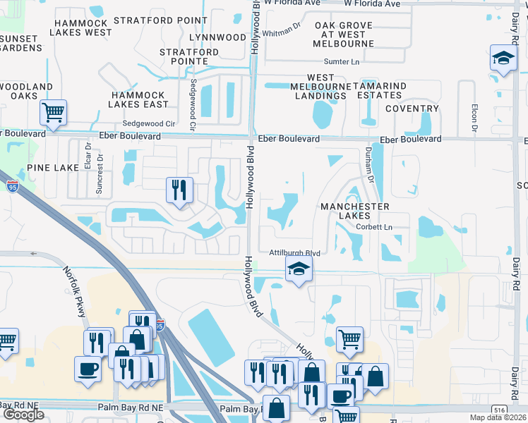 map of restaurants, bars, coffee shops, grocery stores, and more near 2218 Attilburgh Boulevard in West Melbourne