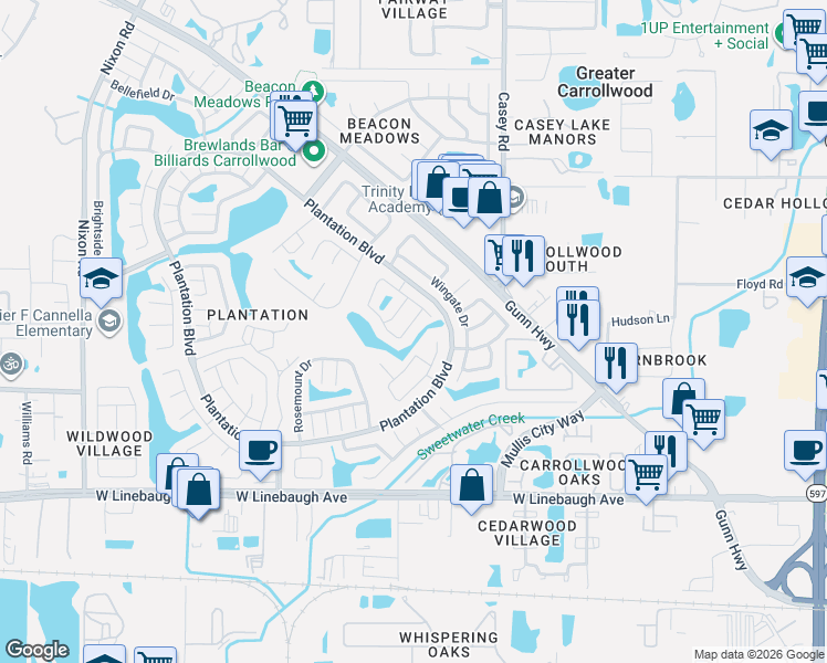 map of restaurants, bars, coffee shops, grocery stores, and more near 4823 Grove Point Drive in Tampa