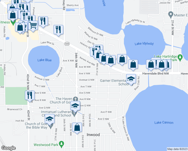 map of restaurants, bars, coffee shops, grocery stores, and more near 3108 Avenue V Northwest in Winter Haven
