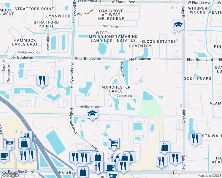 map of restaurants, bars, coffee shops, grocery stores, and more near 1539 Corbett Lane in Melbourne