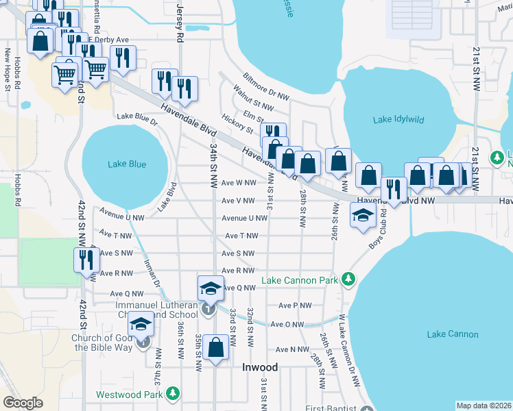 map of restaurants, bars, coffee shops, grocery stores, and more near 3115 Avenue U Northwest in Winter Haven