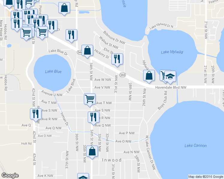 map of restaurants, bars, coffee shops, grocery stores, and more near 3115 Avenue U Northwest in Winter Haven