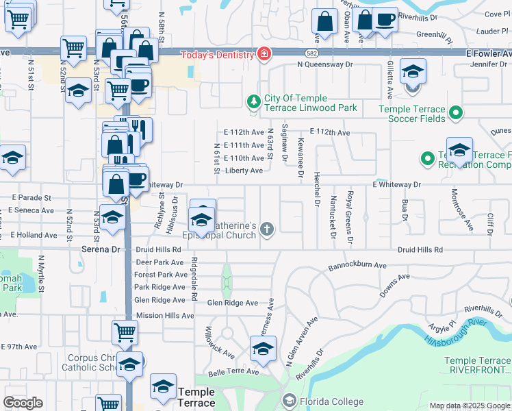 map of restaurants, bars, coffee shops, grocery stores, and more near 523 Carriage Hills Drive in Temple Terrace