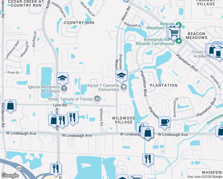 map of restaurants, bars, coffee shops, grocery stores, and more near 10709 Stallgate Drive in Tampa