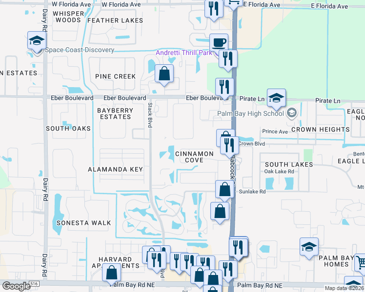 map of restaurants, bars, coffee shops, grocery stores, and more near 245 Cinnamon Lake Circle in Melbourne