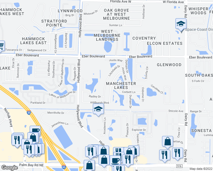 map of restaurants, bars, coffee shops, grocery stores, and more near 1652 Litchfield Drive in West Melbourne