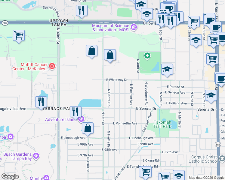 map of restaurants, bars, coffee shops, grocery stores, and more near 10706 North Connechusett Road in Tampa