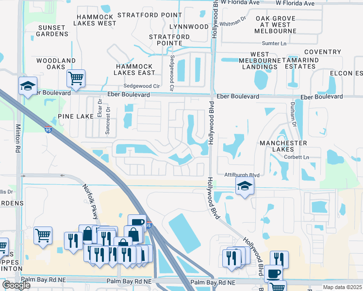 map of restaurants, bars, coffee shops, grocery stores, and more near 2498 Lakes of Melbourne Drive in Melbourne