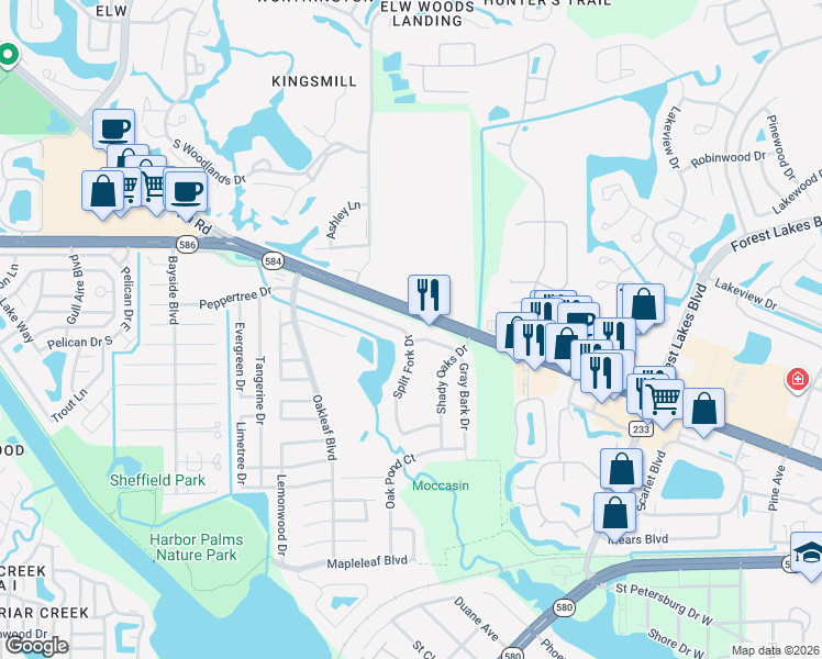 map of restaurants, bars, coffee shops, grocery stores, and more near 1757 Split Fork Drive in Oldsmar