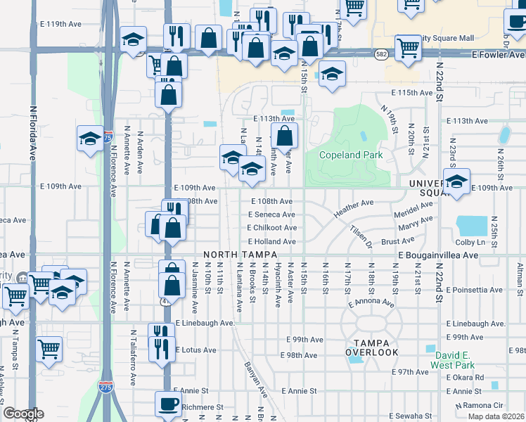 map of restaurants, bars, coffee shops, grocery stores, and more near 1209 East Seneca Avenue in Tampa