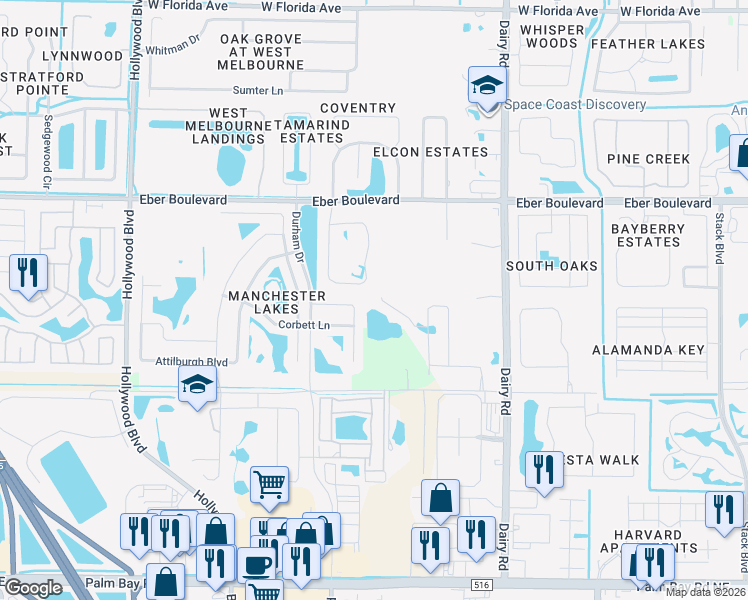 map of restaurants, bars, coffee shops, grocery stores, and more near 1218 Osborne Court in West Melbourne