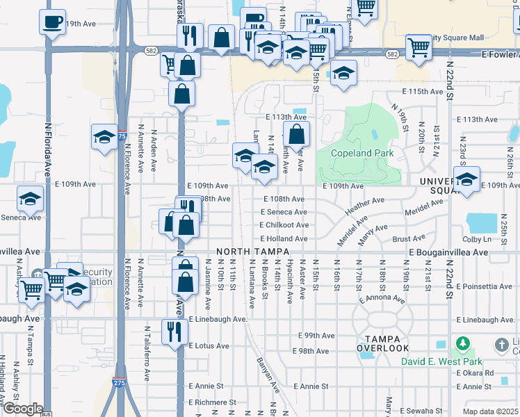 map of restaurants, bars, coffee shops, grocery stores, and more near 1209 East Seneca Avenue in Tampa