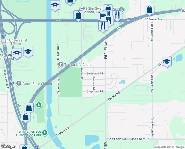 map of restaurants, bars, coffee shops, grocery stores, and more near 9325 Goldenrod Road in Thonotosassa