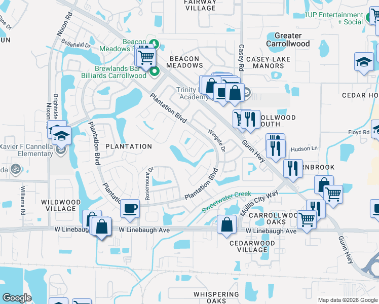 map of restaurants, bars, coffee shops, grocery stores, and more near 4815 Grove Point Drive in Tampa