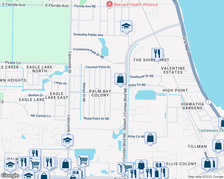 map of restaurants, bars, coffee shops, grocery stores, and more near 1879 Seagrape Street Northeast in Palm Bay