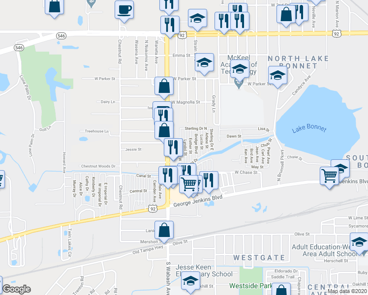 map of restaurants, bars, coffee shops, grocery stores, and more near 250 Lyndol Street in Lakeland