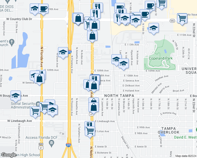 map of restaurants, bars, coffee shops, grocery stores, and more near 916 East Seneca Avenue in Tampa