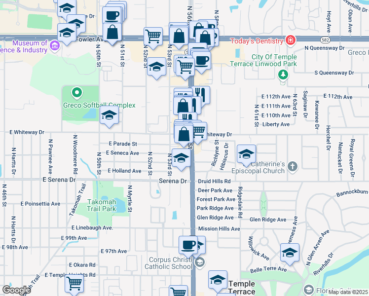 map of restaurants, bars, coffee shops, grocery stores, and more near 10609 North 53rd Street in Temple Terrace