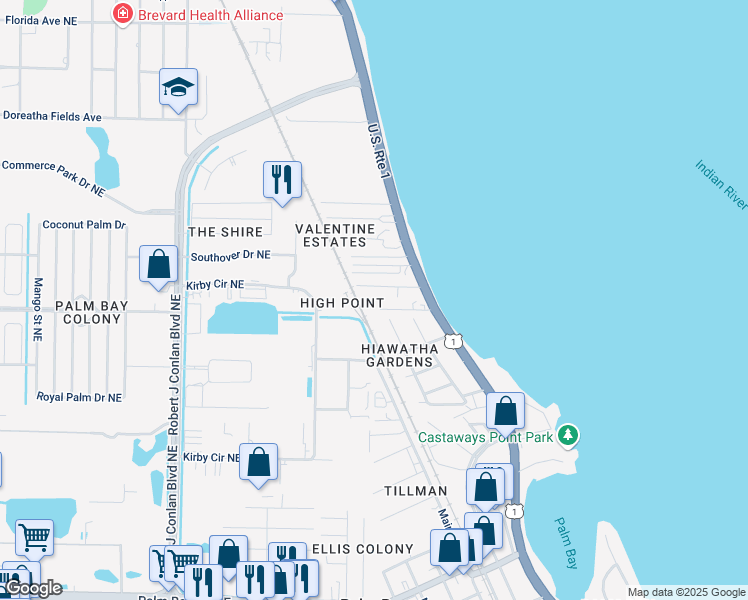 map of restaurants, bars, coffee shops, grocery stores, and more near 2707 Palm Drive in Palm Bay