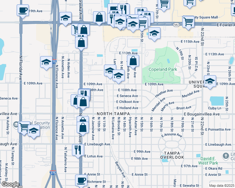 map of restaurants, bars, coffee shops, grocery stores, and more near 1209 East Seneca Avenue in Tampa