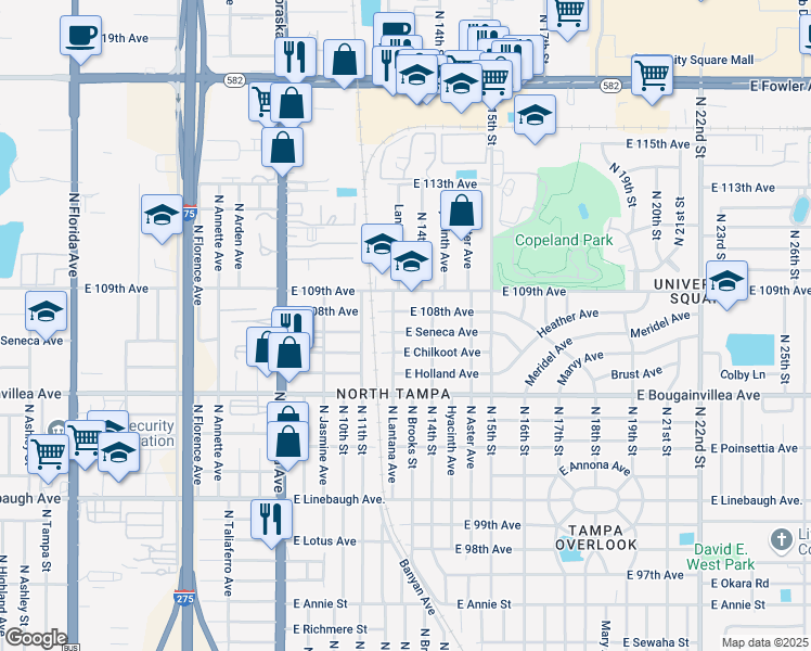 map of restaurants, bars, coffee shops, grocery stores, and more near 1209 East Seneca Avenue in Tampa