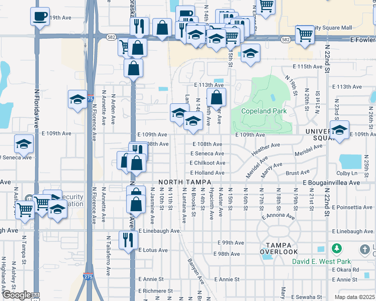 map of restaurants, bars, coffee shops, grocery stores, and more near 1209 East Seneca Avenue in Tampa