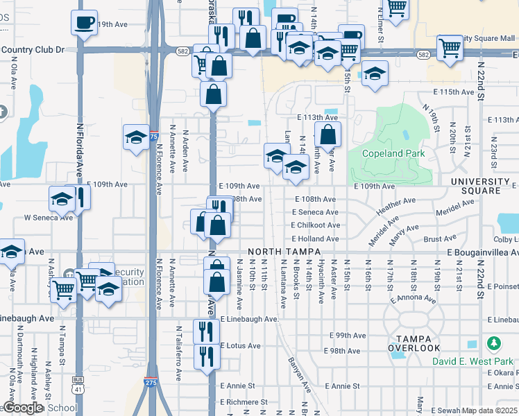 map of restaurants, bars, coffee shops, grocery stores, and more near 1003 East Seneca Avenue in Tampa