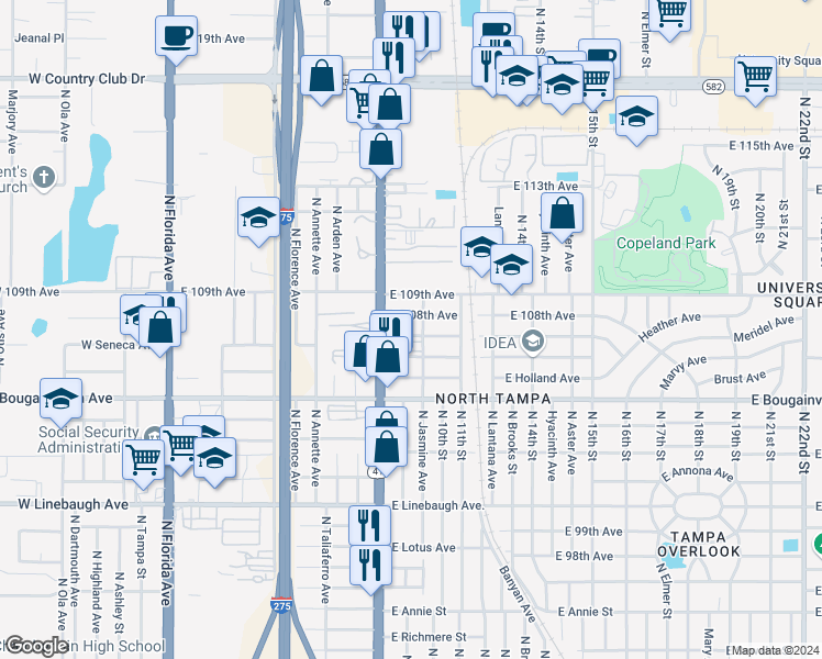 map of restaurants, bars, coffee shops, grocery stores, and more near 10567 North Nebraska Avenue in Tampa