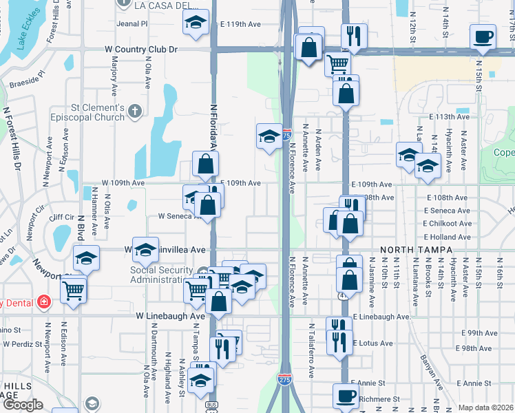 map of restaurants, bars, coffee shops, grocery stores, and more near 10702 North Seminole Avenue in Tampa
