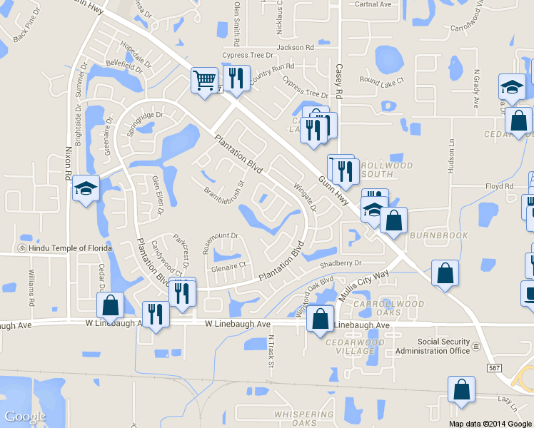 map of restaurants, bars, coffee shops, grocery stores, and more near 4817 Grove Point Drive in Tampa