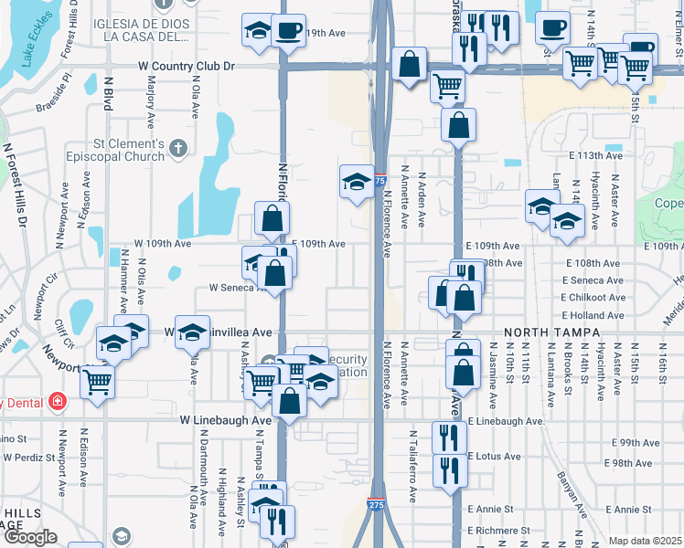 map of restaurants, bars, coffee shops, grocery stores, and more near 10702 North Seminole Avenue in Tampa