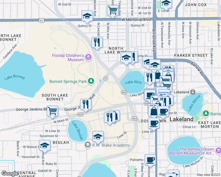 map of restaurants, bars, coffee shops, grocery stores, and more near 608 Prospect Street in Lakeland