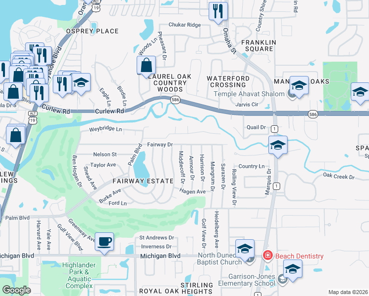 map of restaurants, bars, coffee shops, grocery stores, and more near 2384 Armour Drive in Dunedin