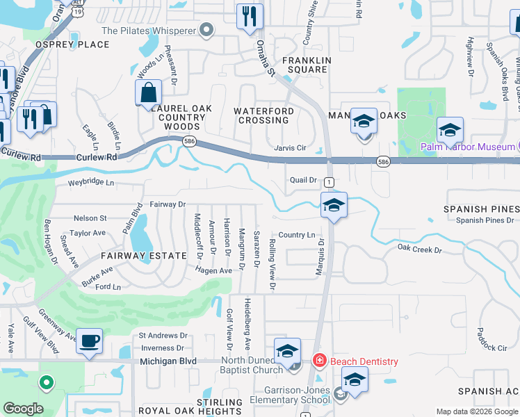 map of restaurants, bars, coffee shops, grocery stores, and more near 2395 Sarazen Drive in Dunedin