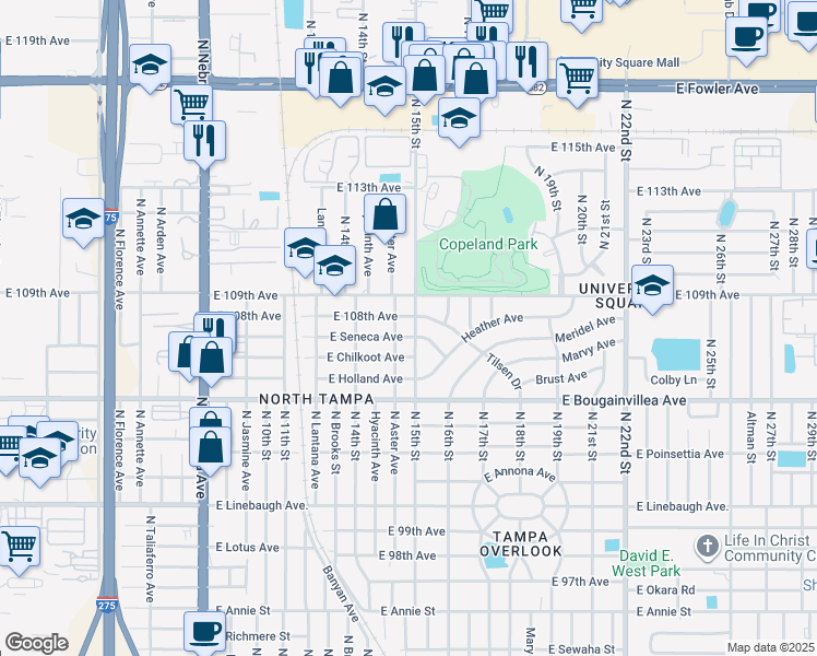 map of restaurants, bars, coffee shops, grocery stores, and more near 10610 North 15th Street in Tampa