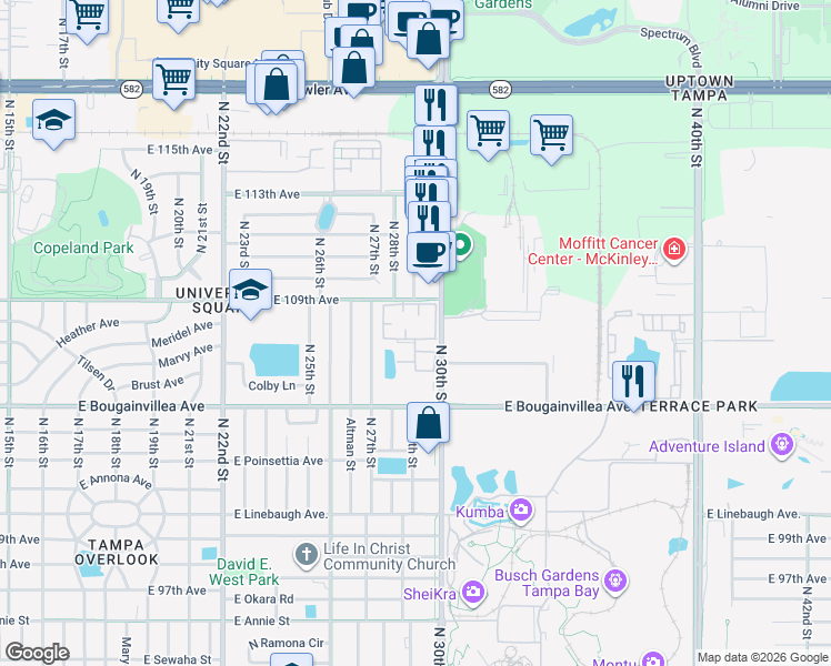 map of restaurants, bars, coffee shops, grocery stores, and more near 10610 North 30th Street in Tampa