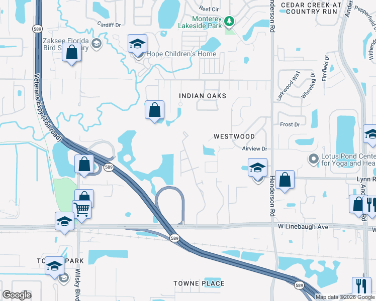 map of restaurants, bars, coffee shops, grocery stores, and more near 10301 Westpark Preserve Boulevard in Tampa