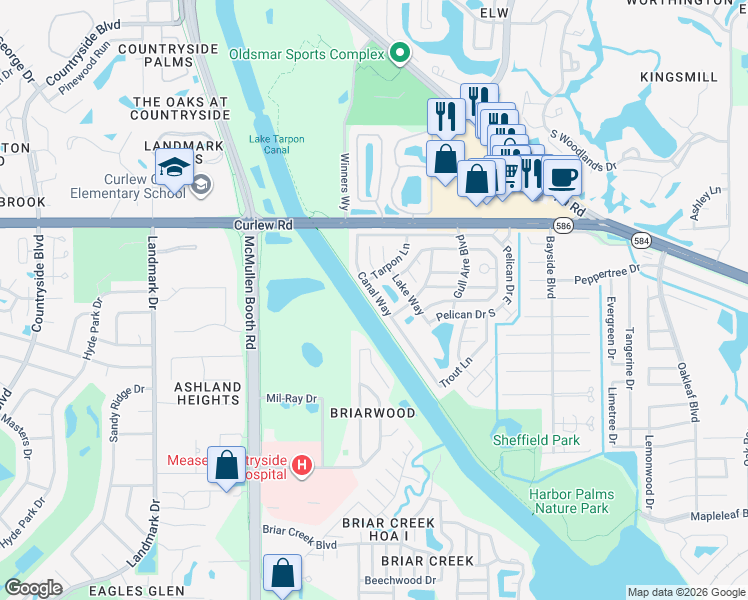 map of restaurants, bars, coffee shops, grocery stores, and more near 516 Canal Way in Oldsmar