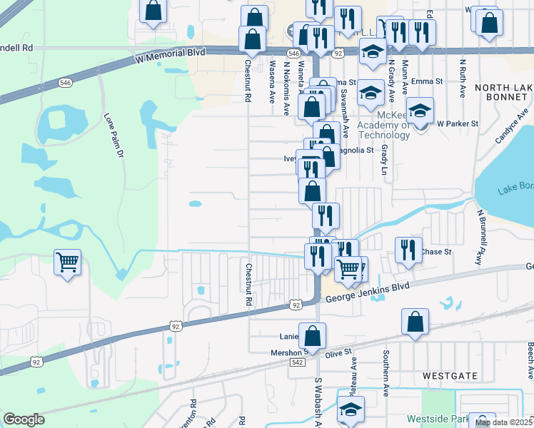 map of restaurants, bars, coffee shops, grocery stores, and more near 2326 Jessie Street in Lakeland