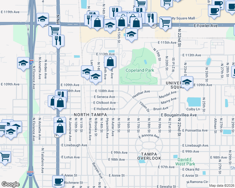 map of restaurants, bars, coffee shops, grocery stores, and more near 10610 North 15th Street in Tampa
