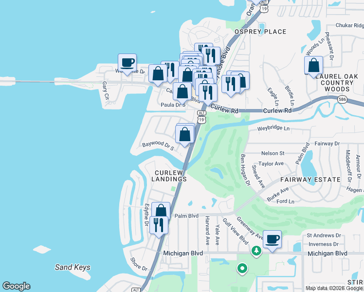 map of restaurants, bars, coffee shops, grocery stores, and more near 2412 Bayshore Boulevard in Dunedin
