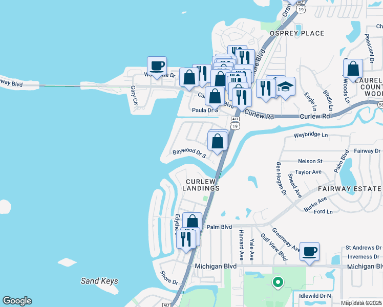 map of restaurants, bars, coffee shops, grocery stores, and more near 2296 Edythe Drive in Dunedin