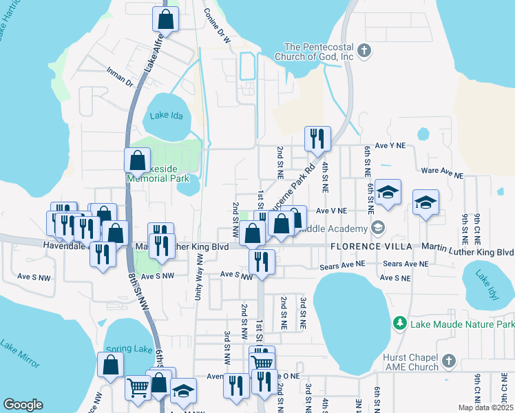 map of restaurants, bars, coffee shops, grocery stores, and more near 2101 1st Street North in Winter Haven
