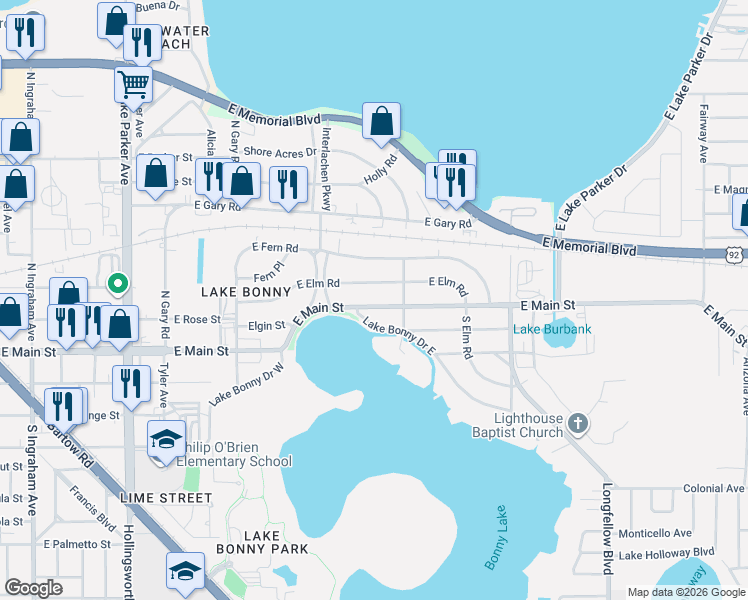 map of restaurants, bars, coffee shops, grocery stores, and more near 116 Lake Bonny Drive East in Lakeland