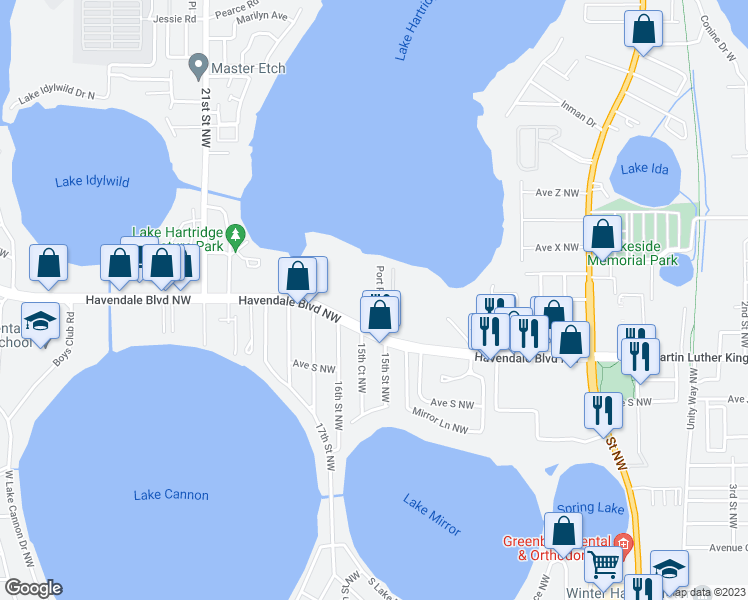 map of restaurants, bars, coffee shops, grocery stores, and more near Avenue V Northwest in Winter Haven