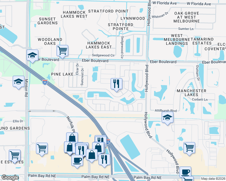 map of restaurants, bars, coffee shops, grocery stores, and more near 2426 Lakes of Melbourne Drive in Melbourne
