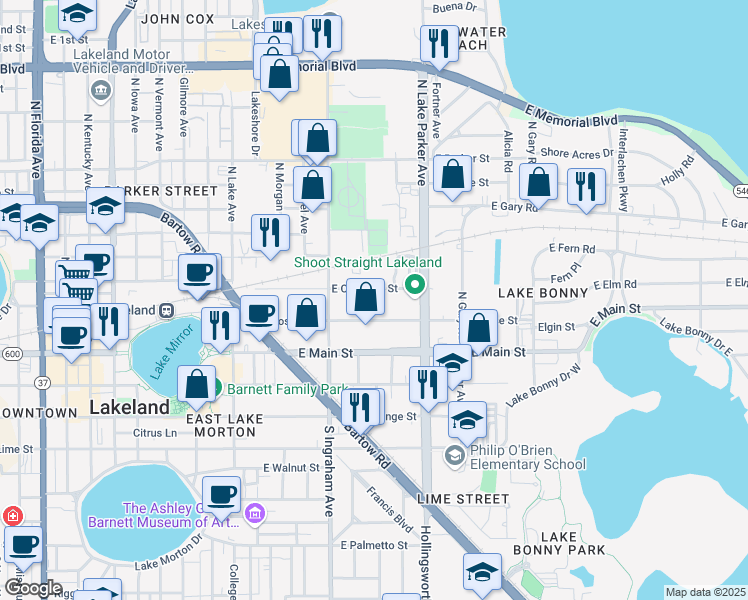 map of restaurants, bars, coffee shops, grocery stores, and more near 1034-1042 East Rose Street in Lakeland