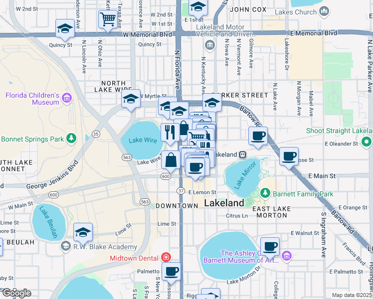 map of restaurants, bars, coffee shops, grocery stores, and more near 111 East Pine Street in Lakeland
