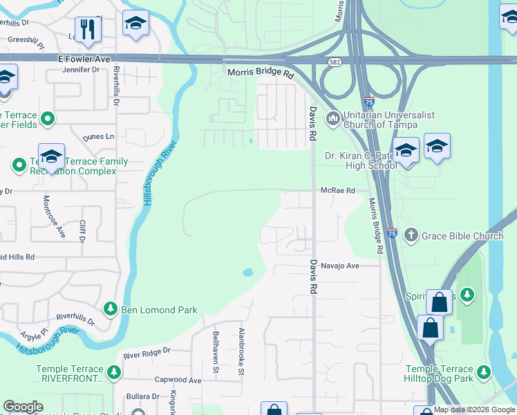 map of restaurants, bars, coffee shops, grocery stores, and more near 8617 Mc Rae Road in Temple Terrace